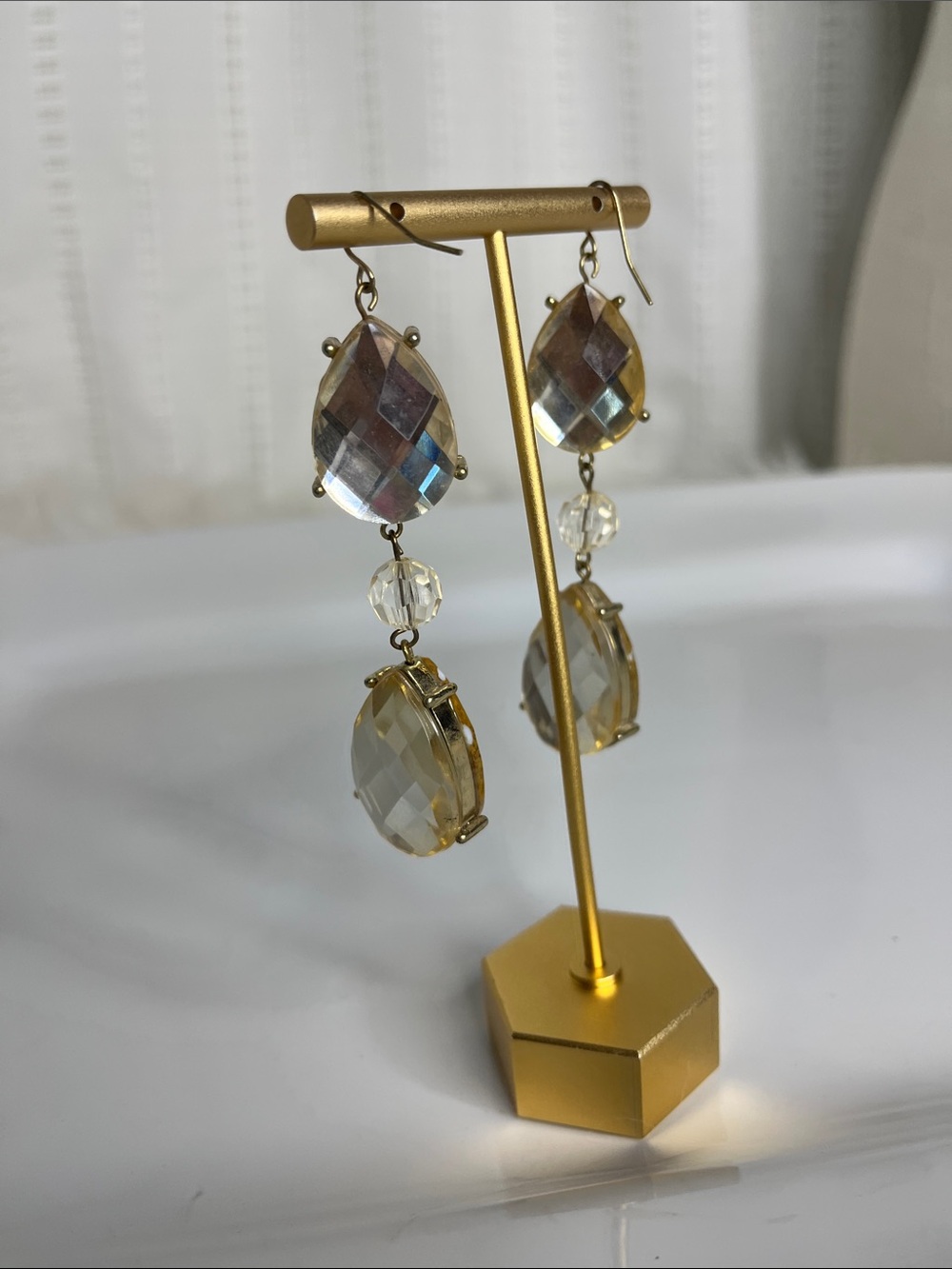 Gold-Tone Brown Stone 2-Sided Teardrop Crystal Dangle Earrings - Picture 3 of 8
